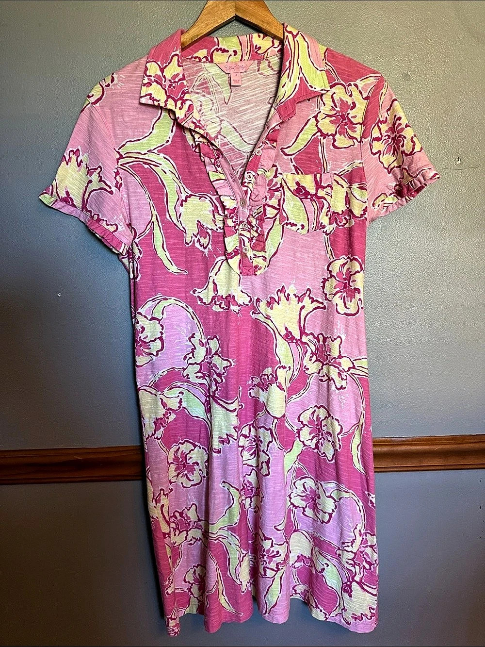 Lilly Pulitzer Pink Floral Tabbie Ruffle Polo Knit Dress Medium